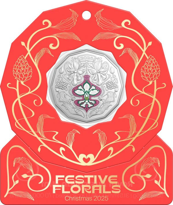 Coin Christmas Festive Florals 2025 50C Coloured Unc - Red