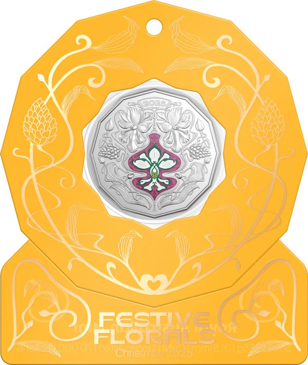 Coin Christmas Festive Florals 2025 50C Coloured Unc - Yellow