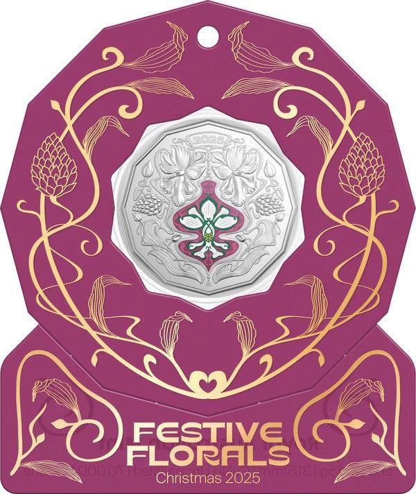 Coin Christmas Festive Florals 2025 50C Coloured Unc - Purple
